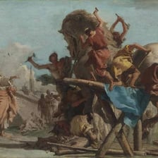 An artistic depiction of the Trojan Horse being brought into Troy