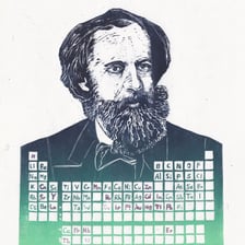 Portrait of chemist Dmitri Mendeleev beside a periodic table.