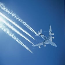 An airplane flying high in the sky.