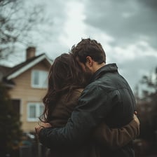 A couple embracing affectionately.