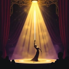 A stage performer presenting under a theater spotlight.