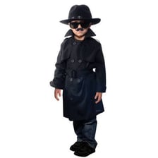 A person using a trench coat, wig, and sunglasses as a disguise.