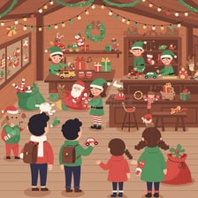 Illustration of elves working in Santa’s workshop