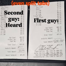 Bar receipt or tab recording drinks ordered by a customer