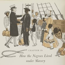 An open history textbook showing an illustration of a past historical event.
