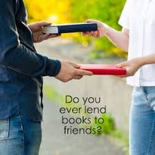 One person handing a book to another as a loan.