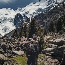A hiker climbing upward on a mountain trail