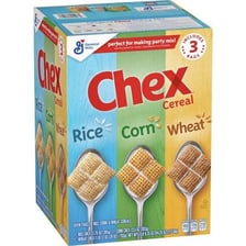 A bowl of Chex cereal beside a package of Chex cereal.