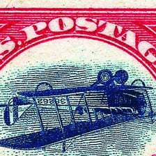 The Inverted Jenny postage stamp showing an upside-down airplane