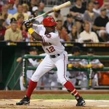A Washington Nationals player at bat in a baseball stadium