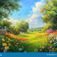 A lush, idyllic garden representing a paradise.