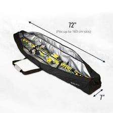 A padded ski bag holding a pair of skis