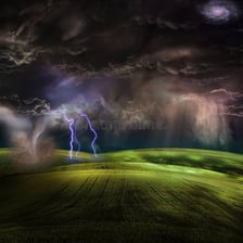 A dark, bleak landscape under storm clouds