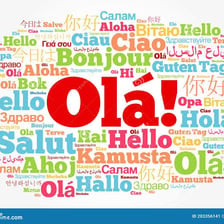 A Portuguese-language greeting displayed in a language-learning context