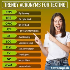 A text-message abbreviation shown alongside its expansion, “by the way.”