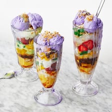 A serving of halo-halo topped with colorful sweet ingredients