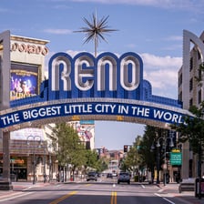 A view of Reno, Nevada, with its city landmark arch