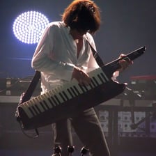 A musician wearing and playing a keytar.