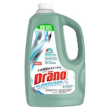 A bottle of Drano drain cleaner beside a sink.