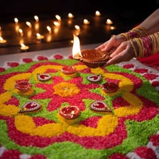 People celebrating Diwali with rows of illuminated oil lamps.