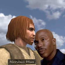 A video game-style character portrayed as suspicious.