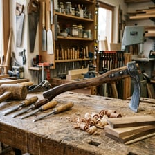 A woodworker shaping timber with an adze