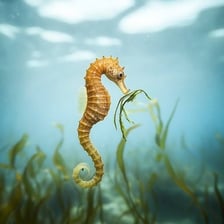 Several seahorses underwater.