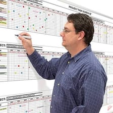 A person organizing a plan on a whiteboard.