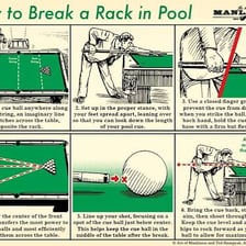 A pool cue striking the racked balls during the break