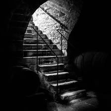 A staircase leading down into a basement cellar.