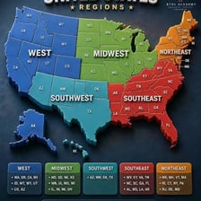 A map divided into several distinct geographic areas.