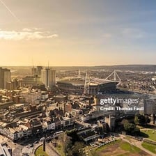 A view of Cardiff, Wales, showing recognizable city landmarks.