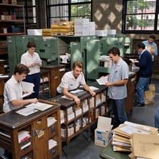 A mailroom worker sorting envelopes into trays