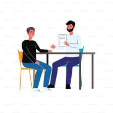 An illustration of a polished, persuasive speaker talking to another person.