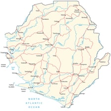 A map and coastal landscape representing Sierra Leone in West Africa.