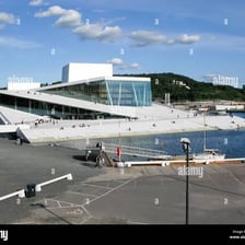 The Oslo Opera House beside the waterfront and Oslofjord