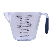 A measuring cup containing a reduced amount of liquid.