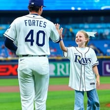 A Tampa Bay Rays baseball player on the field at Tropicana Field