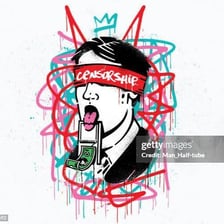 An illustration of offensive graffiti with a censorship bar.