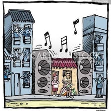 A crowded scene likely to produce a loud mixture of sounds
