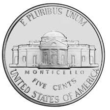 The reverse side of a U.S. nickel showing the motto E PLURIBUS UNUM.