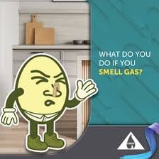 An educational illustration showing detection of a household gas leak by smell.