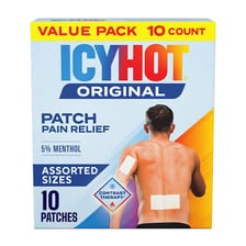Icy Hot pain-relief patch applied to a sore shoulder