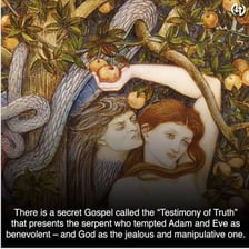 A biblical painting depicting Eve and the serpent in Eden