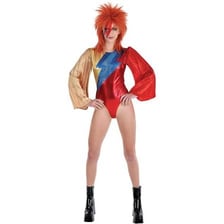 A glam-rock performer in a glittery theatrical costume.