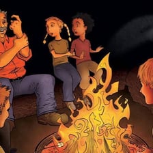 A person recounting a story to a small group of listeners