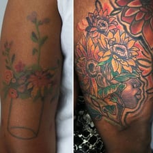 A close-up view of a colorful tattoo on a person’s skin.