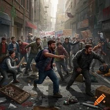 A large crowd involved in a chaotic street disturbance
