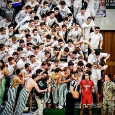 Spectators shouting from the stands during a sporting event.