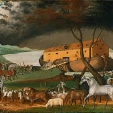A biblical illustration of Noah’s Ark carrying pairs of animals.